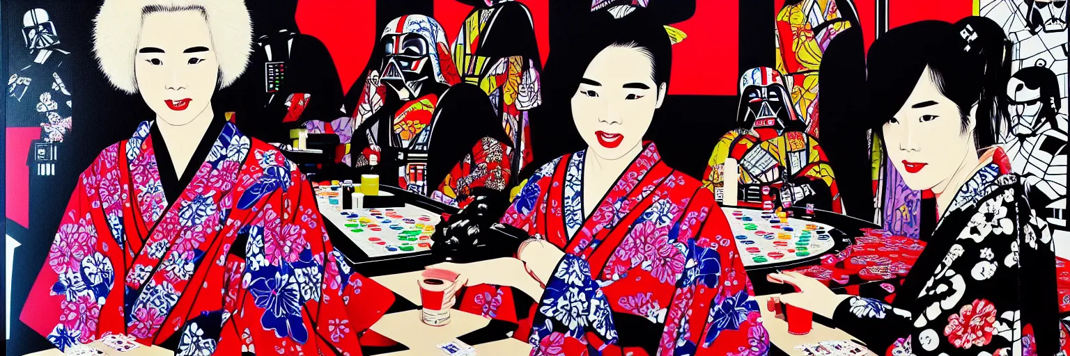 Image similar to hyperrealism composition of the detailed woman in a japanese kimono sitting at an extremely detailed poker table with darth vader, terminator, fireworks on the background, pop - art style, jacky tsai style, andy warhol style, acrylic on canvas