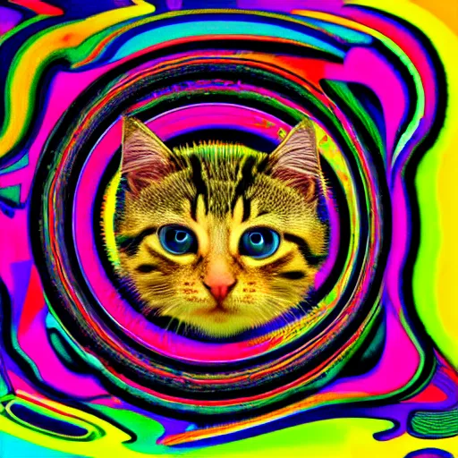 Image similar to existential kitten opart portrait with surreal trippy fractal background by victor moscoso and miyazaki and pascal blanche and amanda sage and harry clarke, highly saturated pink orange green and yellow, ultra wide angle lens distortion extreme perspective, 8 k, artstation