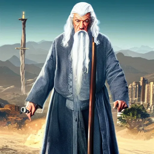 Image similar to Gandalf in GTA 5, cover art by Stephen Bliss, boxart, loading screen