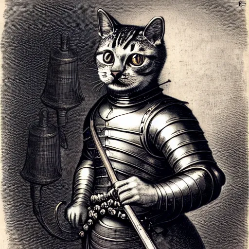 Image similar to engraving portrait of humanoid cat in medieval armoury by gustave dore. trending on deviant art, street art, chillwave, maximalist, full of color, glittering, 8 k, hd