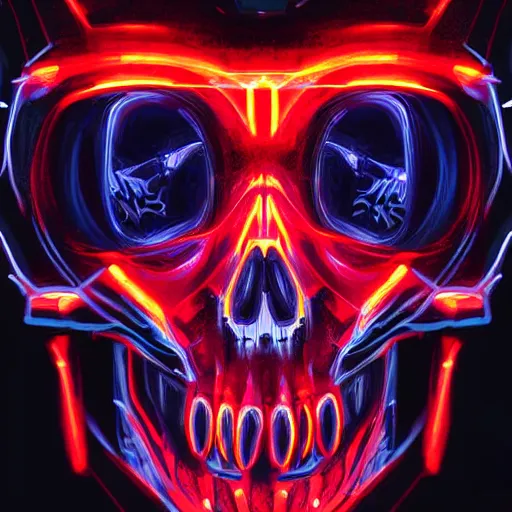 Prompt: centered front face hyperdetailed portrait of a mecha skull ronin wearing hoodie, 8k, digital painting, futuristic, black neon lights, trending on CG society
