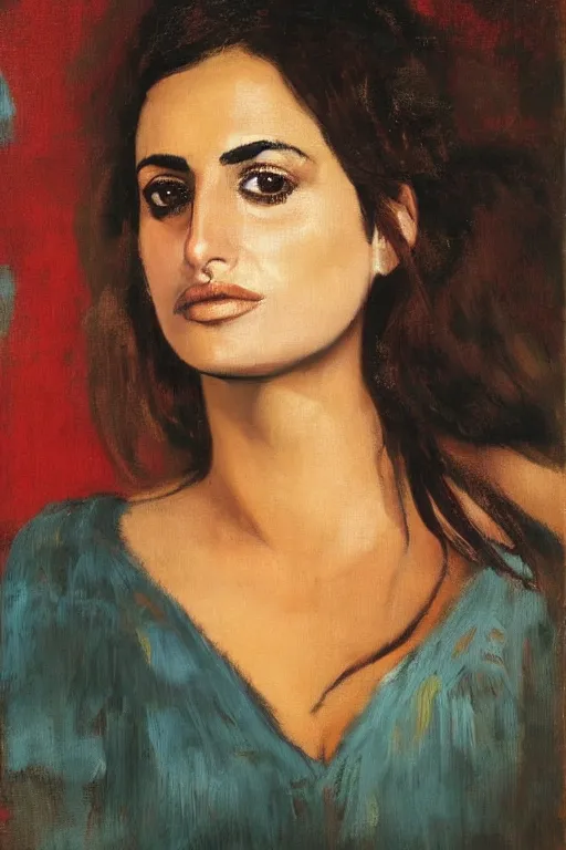 Prompt: oil painting, portrait of penelope cruz, artwork by edgar degas