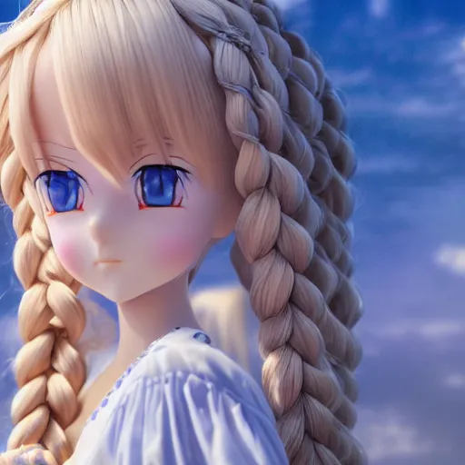 Prompt: 3d render of a blue eyes, blonde long hair, two braids, violet evergarden as an anime doll, blue-white dress, blender, artstation, 8k, highly detailed