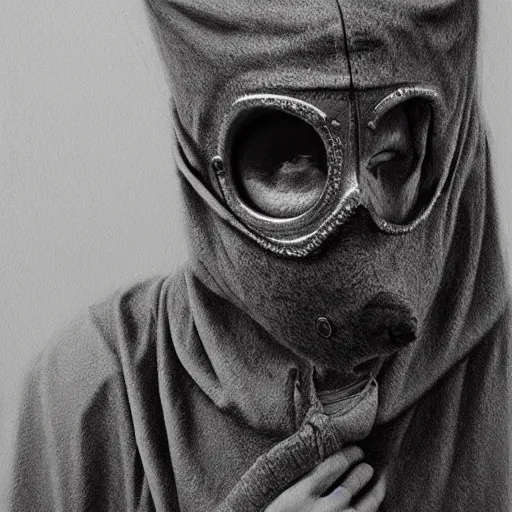 Image similar to a person wearing a plague mask and a hood, a charcoal drawing by richard mortensen, trending on cgsociety, remodernism, matte drawing, zbrush, hyper realism