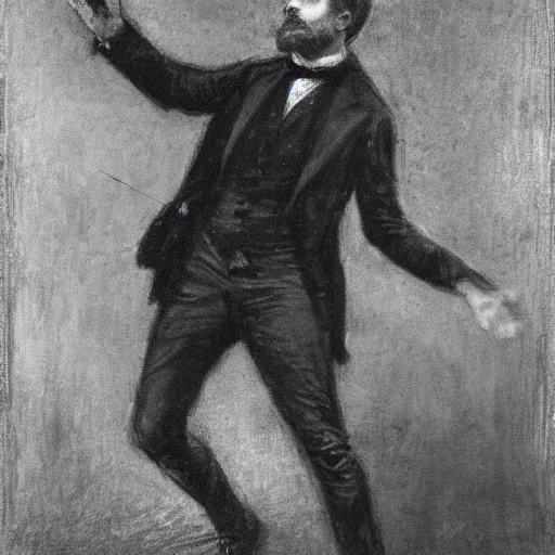 Image similar to portrait of an action hero mage in suit and tie, raising his hand, channeling magic, by alfred stevens in charcoal