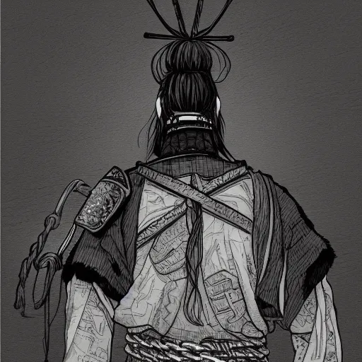 Prompt: a portrait from behind of a samurai man vagabond that holds chains, detailed, illustration, concept art, ink style, sketch