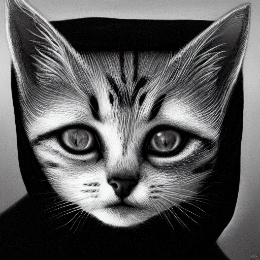 Image similar to a portrait of a kitten wearing a black hood, cloak covering face, anatomically correct, beautiful perfect face, enigmatic, oil painting, matte, black background, Volumetric dynamic lighting, Highly Detailed, Cinematic Lighting, Unreal Engine, 8k, HD, by Beksinski