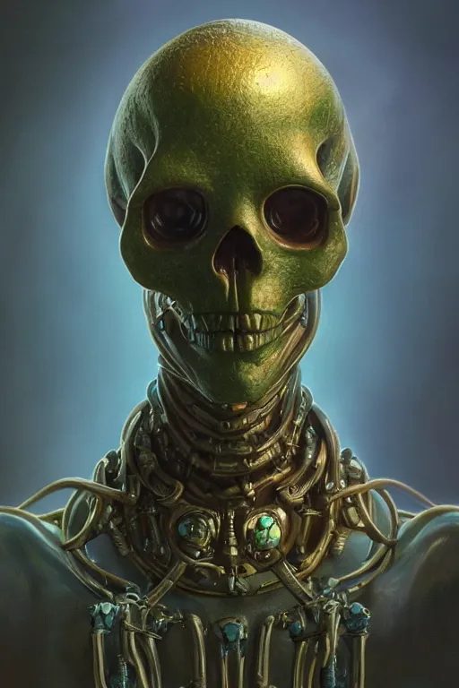 Image similar to realistic render portrait of a jade alien skull, intricate, dystopian toy, sci-fi, extremely detailed, digital painting, sculpted in zbrush, artstation, concept art, smooth, sharp focus, illustration, chiaroscuro lighting, golden ratio, incredible art by artgerm and greg rutkowski and alphonse mucha and simon stalenhag