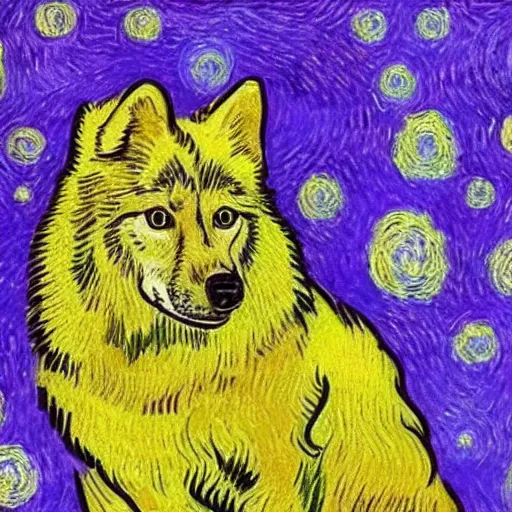 Image similar to retarded wolf portrait, van gogh style, vivid colors, yellow, purple