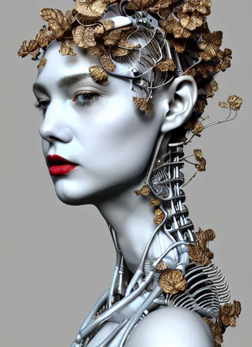 Image similar to complex 3d render ultra detailed of a beautiful porcelain profile woman face, mechanical cyborg, 150 mm, beautiful natural soft light, rim light, silver gold details, magnolia big leaves and stems, roots, fine foliage lace, maze like, mesh wire, intricate details, hyperrealistic, ultra detailed, mandelbrot fractal, anatomical, red lips, white metal neocubism armor, facial muscles, cable wires, microchip, elegant, octane render, H.R. Giger style, 8k