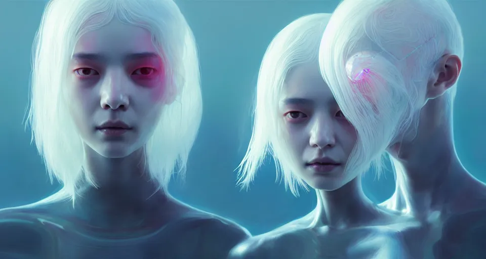 Image similar to portrait of yael shelbia and kang seul - gi, venus squid astronaut, white hair, intricate design details. cyberpunk symmetrical facial, by ruan jia and beeple. smooth gradients, deep space.