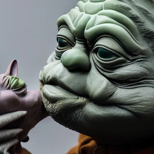 Prompt: Sam Hyde French Kissing Yoda, high quality photograph, well lit, detailed, hyperrealistic, hdr 4k, 8k, DSLR, 55mm