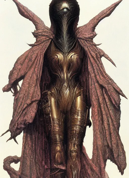 Image similar to young female in detailed golden mask of raven by Wayne Barlowe