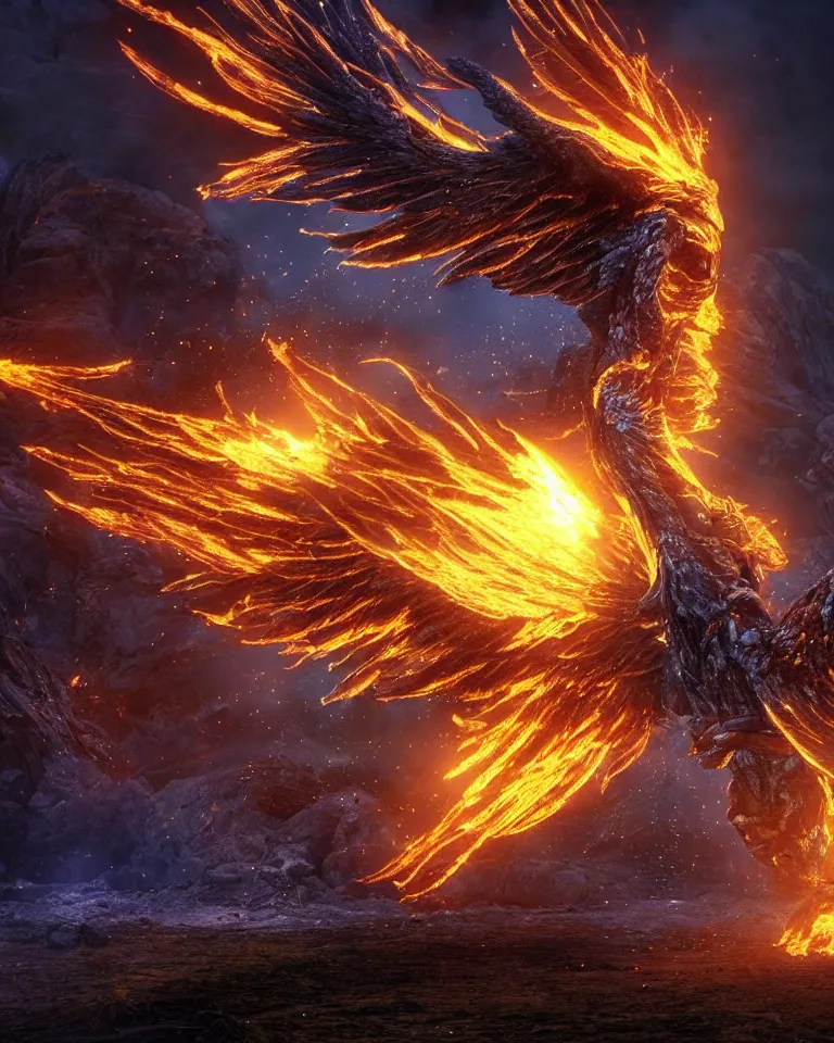 Image similar to a photoreaslistic render of a burning steel ethereal phoenix rising out of the ground, ethereal lighting, pixie dust magic, brilliant glow, cinematic, magic particles, epic scale ultrawide angle, deep vivid colors, explosive energy, like elder scrolls and elden ring and lord of the rings, bursting with debris and pebbles and dust clouds and ash