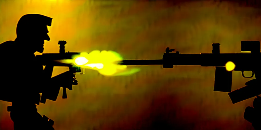 Image similar to high detail movie still of ultra realistic spongebob squarepants shooting an ak - 4 7 machine gun with muzzle flash, cinematic framing rule of thirds, cinematic light, hard shadows, in the style of the movie lone survivor,