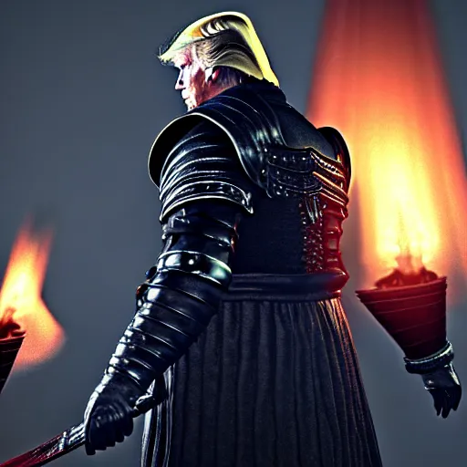 Image similar to donald trump in dark souls, ps 5 screenshot, isometric view, third person gameplay, 3 d render, cryengine, highly detailed