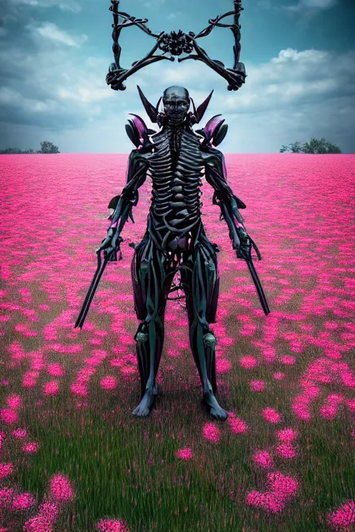 Image similar to hyperrealistic neo - gothic muscular human demon hybrid, exoskeleton armor, holding katana, standing in a field of pink flowers, highly detailed smooth concept art masterpiece, vitaly bulgarov dramatic dark teal light, ground angle hd 8 k, sharp focus