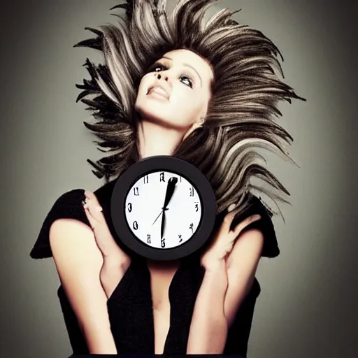 Prompt: hair styled to look like a coocoo clock with the bird popping out, real life, photograph, salon magazine cover, high end fashion, crazy hair, creative, odd