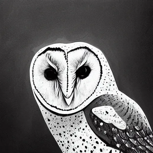 Prompt: a barn owl, digital art, stylized, dripping paint, black and white, concept art, painting