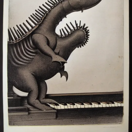 Image similar to antique lithograph from 1 9 0 0 of red stegosaurus, playing a piano