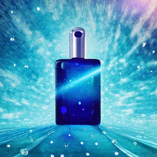 Prompt: advertisement for a blue perfume bottle surrounded by turquoise water droplet and galactic waves, textless, lonely world still shining through faintly rainbow led lights, beautiful surreal scenery artwork, soul dust, unthinkable dream sublime god lighting, sun rays, cold colors, insanely detailed, artstation!! pixiv!! infinitely detailed