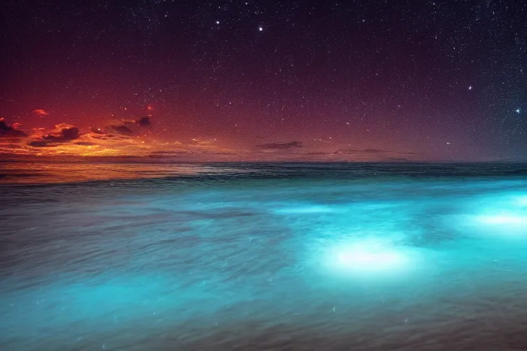 Prompt: bioluminescent waves, beach, night, landscape, relax atmosphere, magic atmosphere, photo realistic