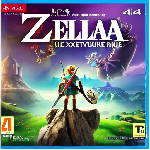 Prompt: video game box art of a ps 4 game called link's adventure to save zelda once again, 4 k, highly detailed cover art.