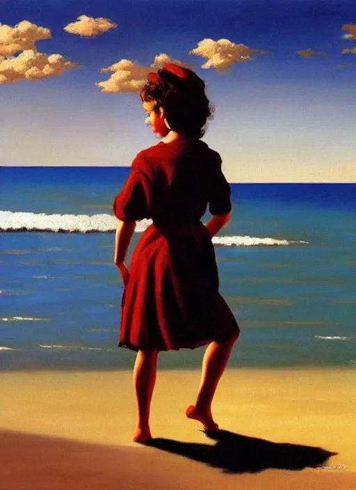 Prompt: a portrait of an beautiful young girl walking on a beach, highly detailed, dramatic lighting, intense shadows, rich deep colours, by jack vettriano