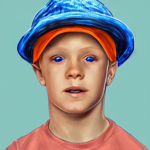 Image similar to a detailed portrait of a boy with blue eyes and blonde hair wearing an orange bucket hat, art illustration, incredibly highly detailed and realistic, 8 k, sharp focus