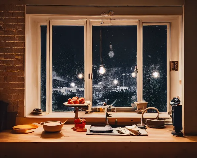 Image similar to a kitchen with a window and a table in front of it, a still life by bencho obreshkov, unsplash, dau - al - set, soft light, hdr, nightscape