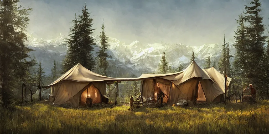 Image similar to cabela's tent fabric shelled pop up family dwelling unit, cabin, modular, person in foreground, mountainous forested wilderness open fields, beautiful views, painterly concept art, joanna gaines, environmental concept art, farmhouse, magnolia, concept art illustration by ross tran, james gurney, by craig mullins, by greg rutkowski