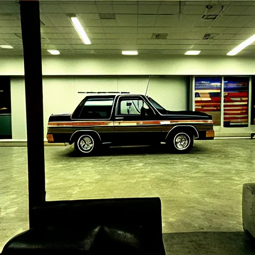 Prompt: 1980 GNX Bronco, inside of an auto dealership, ektachrome photograph, volumetric lighting, f8 aperture, cinematic Eastman 5384 film