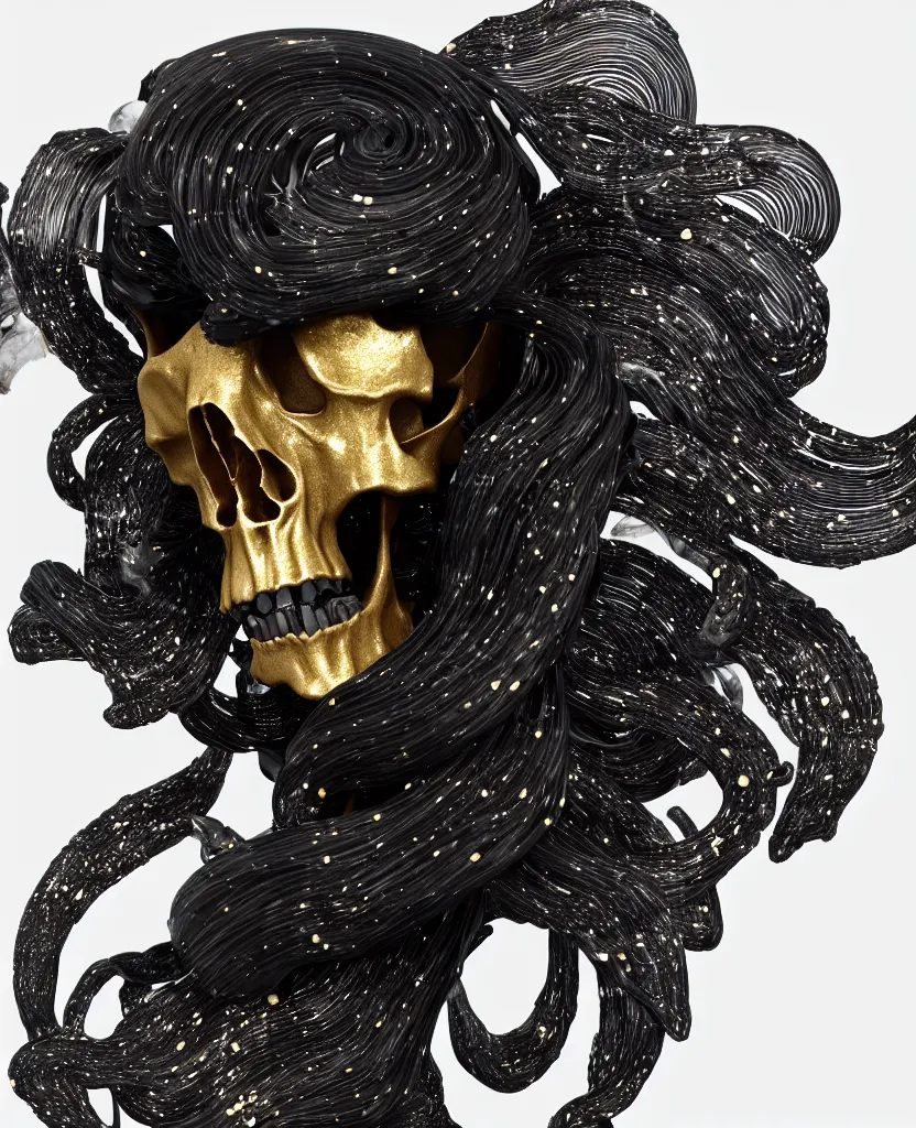 Image similar to fully black background. background hex 000000. goddess princess face close-up portrait ram skull. sculpture made of gold and black charcoal. jellyfish phoenix head, nautilus, orchid, skull, betta fish, bioluminiscent creatures, intricate artwork by Tooth Wu and wlop and beeple. octane render, trending on artstation, greg rutkowski very coherent symmetrical artwork. cinematic, hyper realism, high detail, octane render, 8k