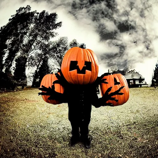 Image similar to A selfie of a fleshy-carrion monster trick or treating with a demon, fisheye lens photography, with a spooky filter applied, in a Halloween style.