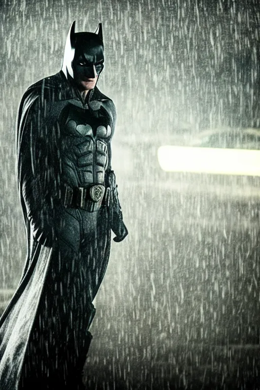 Image similar to cinematic of liam neeson batman, dramatic rain, 8 k, moody lighting