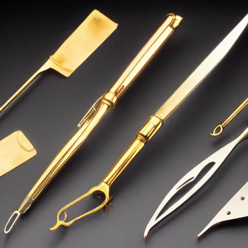 Image similar to polished gold surgical instruments designed in the style of body horror