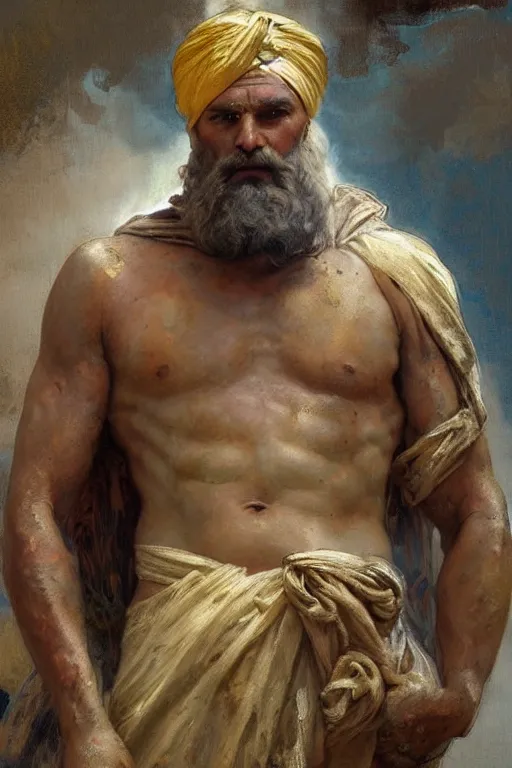 Prompt: painted portrait of rugged zeus greek god wearing turban by greg rutkowski craig mullins art germ alphonse mucha, messy gold body paint over back and his arms, white hair handsome muscular upper body mature warm tone bulging bubble flowing robe [ ancient greek motifs ] background fantasy intricate elegant detailed digital painting concept art artstation sharp focus illustration