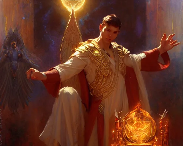 Image similar to attractive male deity, casting demonic magic, summoning handsome lucifer morning star. highly detailed painting by gaston bussiere, craig mullins, j. c. leyendecker 8 k