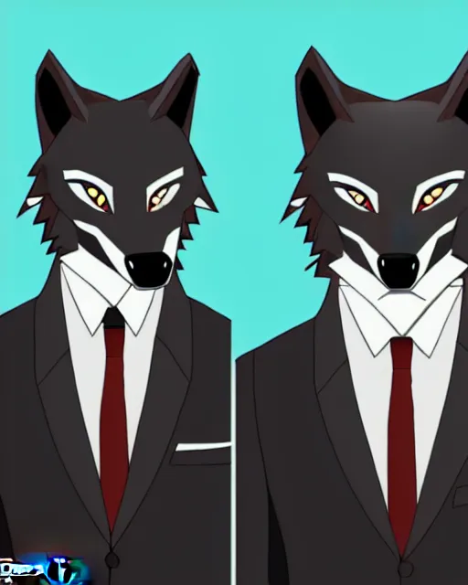 Image similar to a man in a suit and tie with a wolf mask on, a character portrait by kamagurka, extremely detailed, trending on deviantart, furry art, furaffinity, behance hd, official art