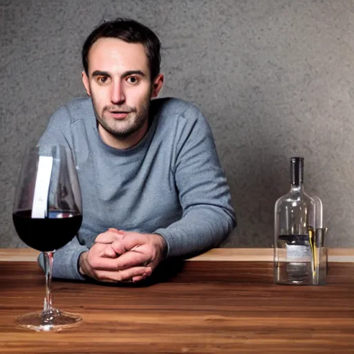 Image similar to portrait of a 3 0 years old frenchman in 2 0 2 0 seated at a table with a bottle of wine. award winning photography, 5 0 mm, studio lighting.