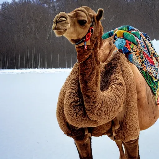 Image similar to a camel carrying a giant block of ice