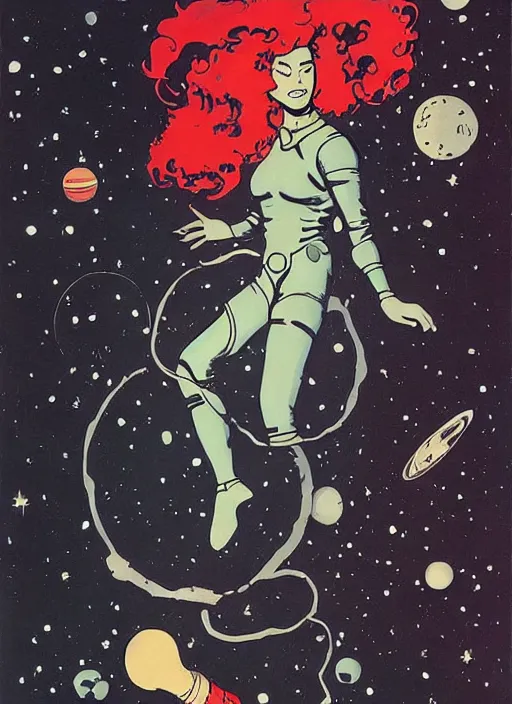 Prompt: a woman with red hair floating in space. she is an astronaut, she is wearing a space suit. well composed, clean elegant painting, beautiful detailed face. comic book art by mike mignola