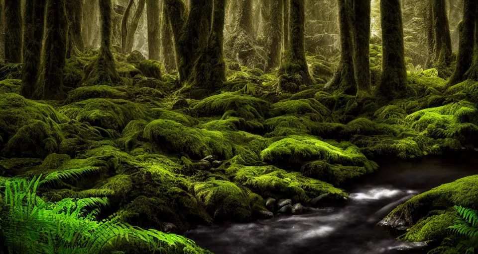 Image similar to deep inside the forest, stream, dramatic lighting, moss, ferns, epic, award winning photo by ansel adams, masterpiece, artstation