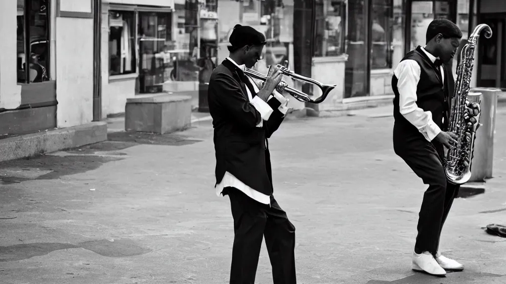 Prompt: a black and white photo of a man playing saxophone on the street.