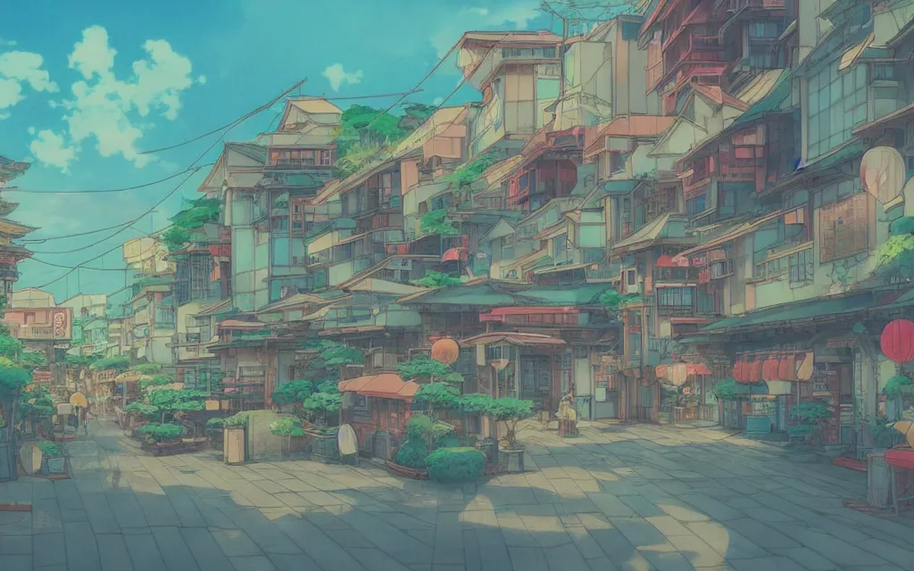 Image similar to a japanese city near the sea, lofi, dreamy, moody, very colorful, anime inspiration, ghibli vibe