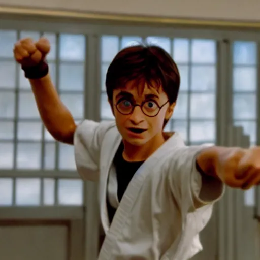 Prompt: a movie still of harry potter as a cobra kai student in karate kid, combat stance, serious, dynamic lighting, 8 k, 2 0 2 2 picture of the year