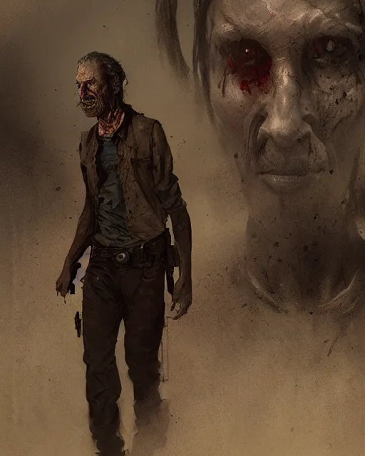 Image similar to hyper realistic photo portrait walking dead cinematic, greg rutkowski, james gurney, mignola, craig mullins, brom