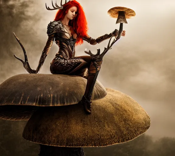 Image similar to a photo of an armored woman warrior redhead with antlers sitting on a giant mushroom that covers a whole village and reaches above the clouds by luis royo. intricate. lifelike. soft light. sony a 7 r iv 5 5 mm. cinematic post - processing