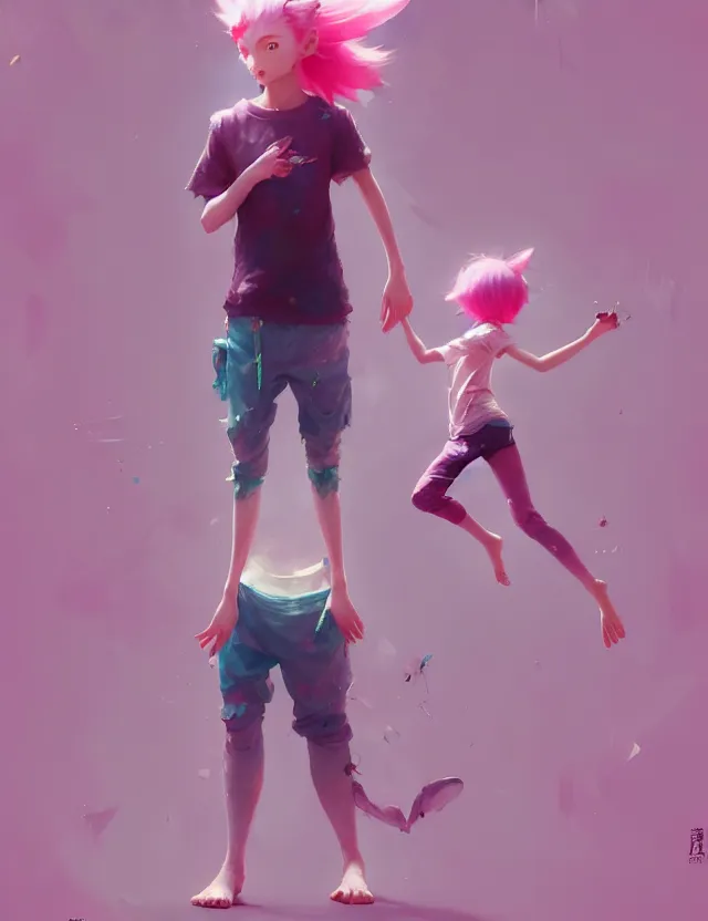 Image similar to beautiful cute boy with pink hair barefoot wearing tshirt and leggings under shorts. character design by cory loftis, fenghua zhong, ryohei hase, ismail inceoglu and ruan jia. artstation, volumetric light, detailed, photorealistic, fantasy, rendered in octane
