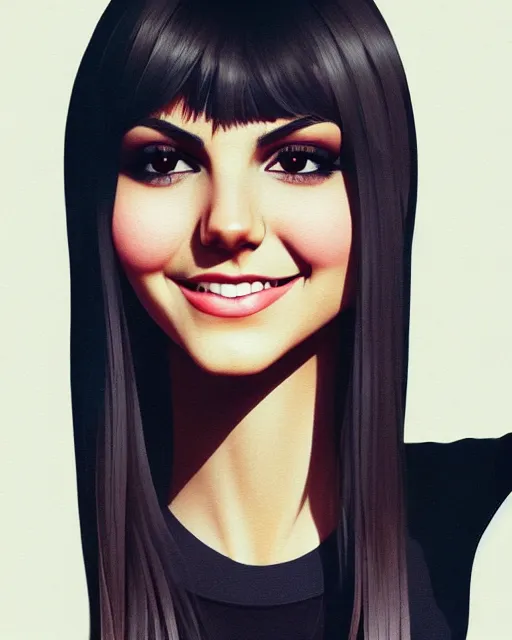 Image similar to full, up close, 1 2 0 mm film portrait of a beautiful victoria justice, in tshirt, stoned, happy, by saruei and guweiz and ilya kuvshinov and rockwell and warhol allover fashion photography, ultra clear and sharp focus, trending on artstation hq, deviantart, pinterest, unreal engine 5, 4 k uhd image